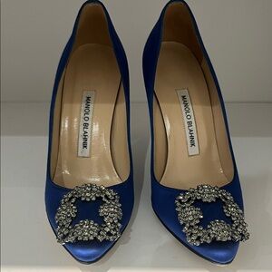 Manolo Blahnik Cobalt Blue Satin Crystal-Buckle Pumps